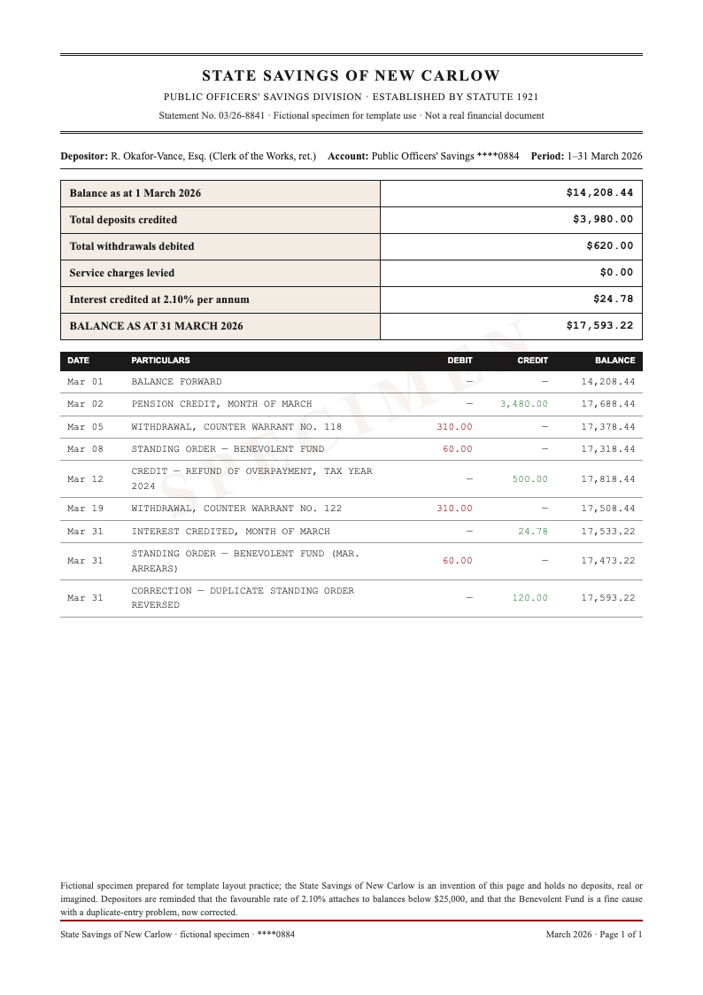 Government Gazette Bank Statement